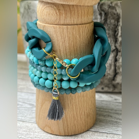 Western Chic Turquoise Stacked Bracelet Set- Stylish Bohemian Layered Bracelets - Picture 3 of 9